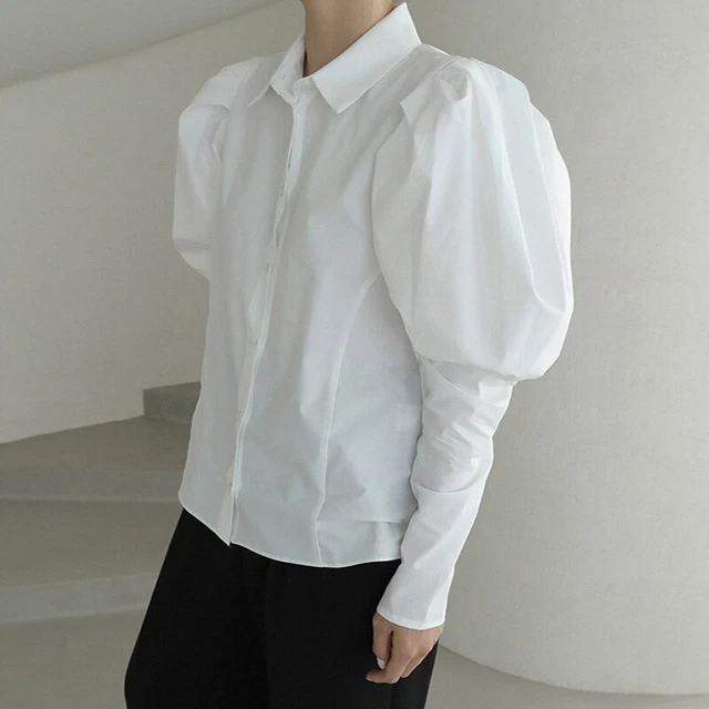 Femme Bulle Bouffant Haut Manches Longues Chemisier à Col Boutonné Casual