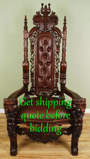 6' Carved Mahogany King Lion Gothic Throne Chair Brown w Brown Leatherette