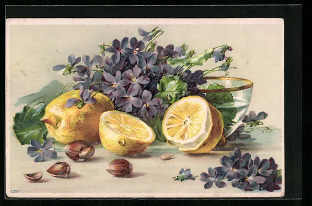 Ansichtskarte Schale mit Veilchen neben Zitronen und Haselnüssen, Obst 1909