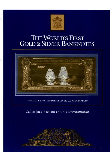 23kt Gold & Silver UNC $50 Antigua 1981 - Calico Jack Rackam & his Merchantman