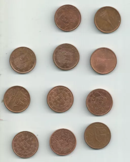 Lot 11 Pièces de deux centimes d'euro toute différentes