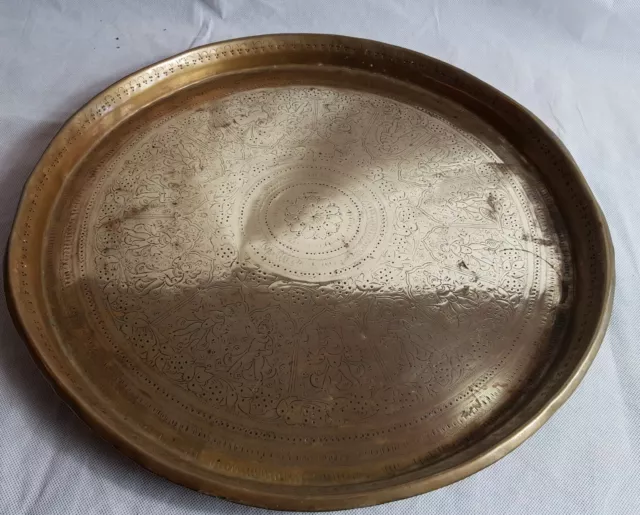 Beautiful Antique Heavy Brass Tray Oriental Design. Diameter 47 cm