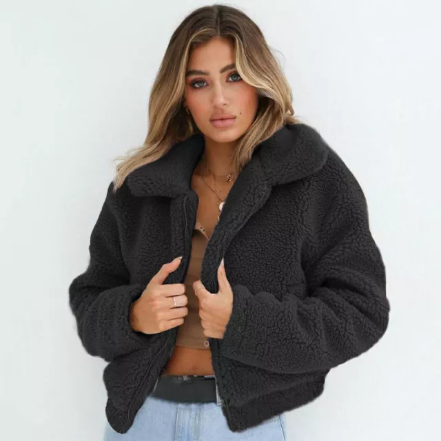 Womens Teddy Bear Fluffy Coat Fleece Jacket Winter Warmer Zip Up Lapel Overcoat