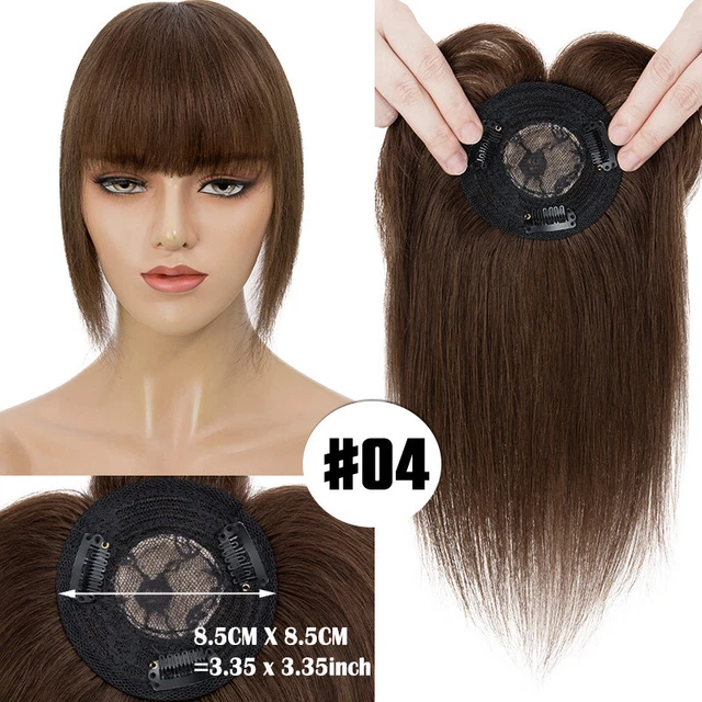 100% Human Hair Topper Women Toupee Clip In 8.5x8.5cm Wiglets #4 Medium Brown US