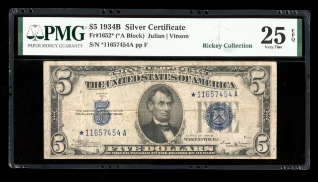 DBR 1934-B $5 Silver STAR Fr. 1652* Vinson PMG 25 EPQ Serial *11657454A
