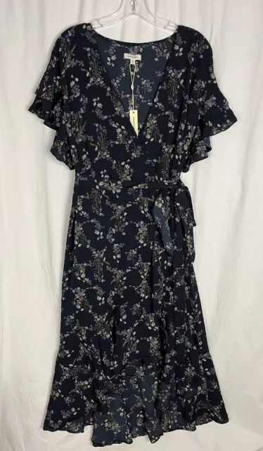 MAX STUDIO Ruffle Crepe High Low Wrap Midi Dress Navy Blue XL  NWT