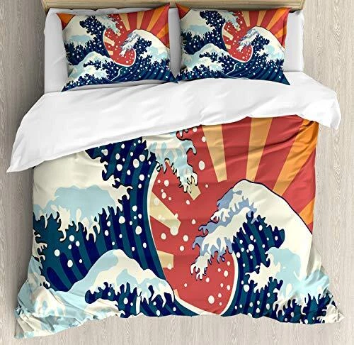 Japanese Wave Duvet Cover Set, Japanese Painting Style Summer Seasonal