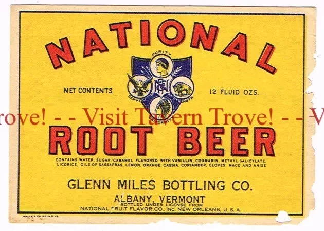 1920s VERMONT Albany Glenn Miles Bottling National Root Beer Label New Orleans
