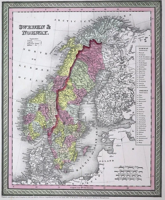 1854 Cowperthwait / Mitchell's Atlas Map ~ SWEDEN & NORWAY ~ Free S&H ~Inv#256