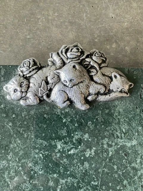 Vintage Pewter Cats Kittens Roses Green Marble Footed Cutting Cheese Board Tray