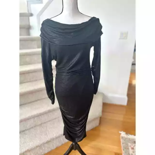 Rachel Rachel Roy Black Metallic Textured Cowl Neck Ruched Sheath Dress