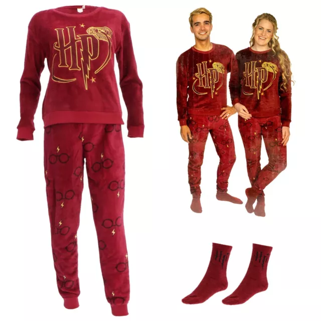 Harry Potter Hombre Mujer Pijama Largo + Calcetines Dos Piezas Cálido Pila Coral