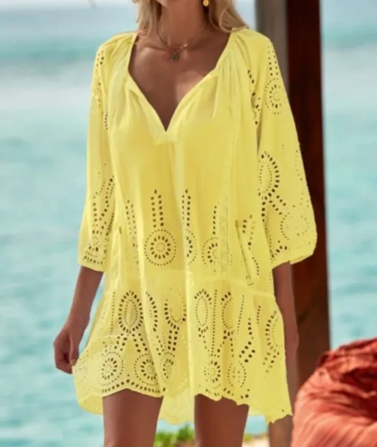 Melissa Odabash Beachwear Embroidered Eyelet Yellow Cotton Short Kaftan