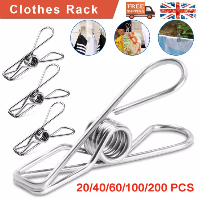 20/50/200 Stainless Steel Washing Line Clothes Pegs Hang Pins Metal Clips Clamps