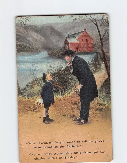 Postcard Greeting Card with Conversation and Father Son Lake Mill Picture