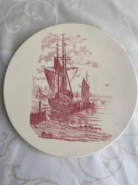 Beau Plat Ancien En Faïence De Gien Décor Rose, Bateaux,Port, Rond D: 29,5 Cm