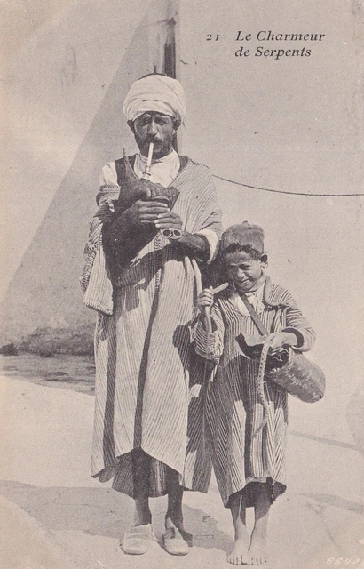 Antique postcard MOROCCO the snake charmer snake