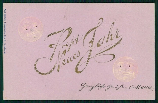 Art Nouveau Happy New Year Paper Moon Relief cartolina TC6667