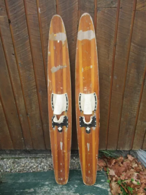 VINTAGE Set of Wooden 59" Long Waterskis Water Skis TURN AROUND