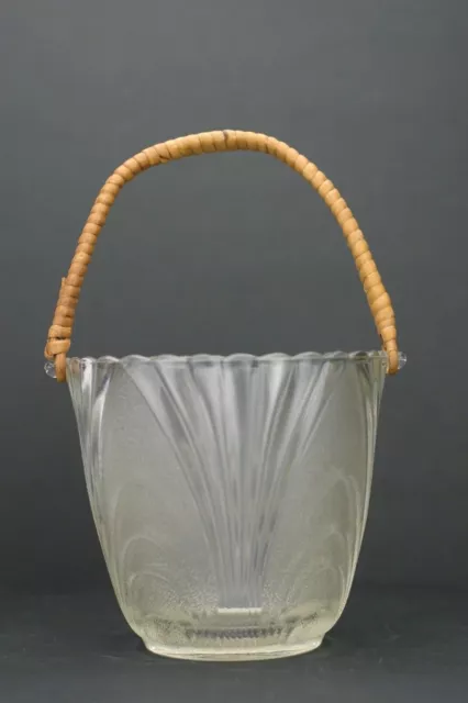 Vintage Clear and Frosted Glass Art Deco Ice Bucket Wicker Wrappped Handle