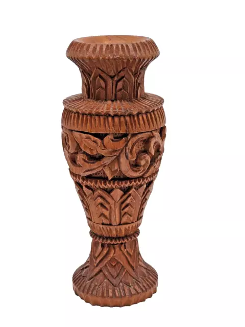 Vintage Hand Carved Large Teak Vase Candle Holder Vase Boho Wooden Art 10 inches