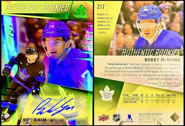 BOBBY McMANN 1 of 1 2023-24 SP GAME USED GREEN PARALLEL AUTHENTIC ROOKIES AUTO