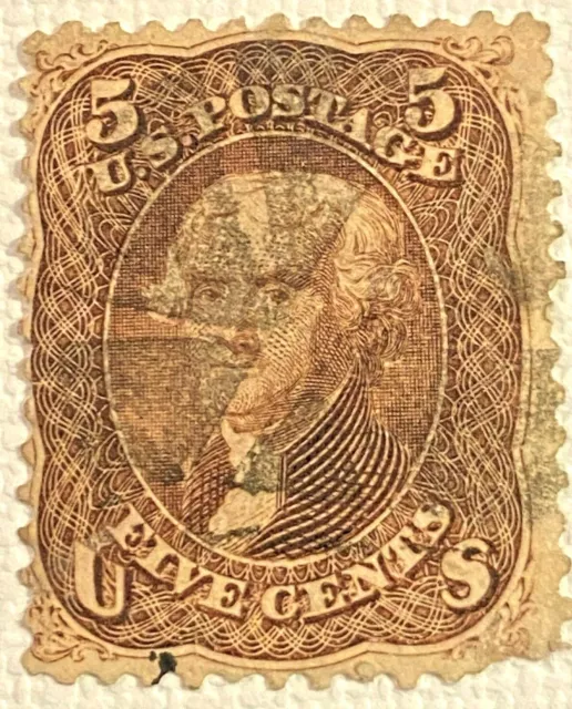 1863 US Stamp #76 Jefferson Brown Perf. 12 Faded Cancel Mark