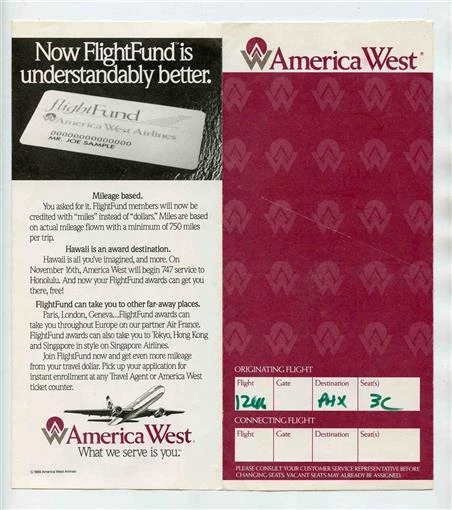 America West Airlines Ticket Jacket with Route Map & Terminal Map & Ticket