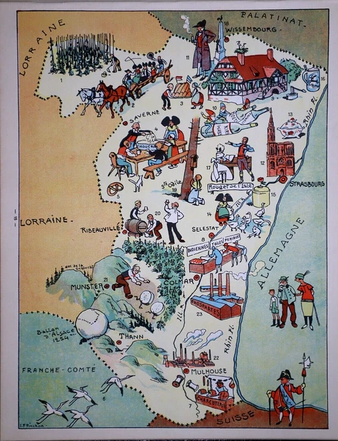 OLD 1927 PICTORIAL Map ~ ALSACE Province, FRANCE ~ Illustrated by J.P ...