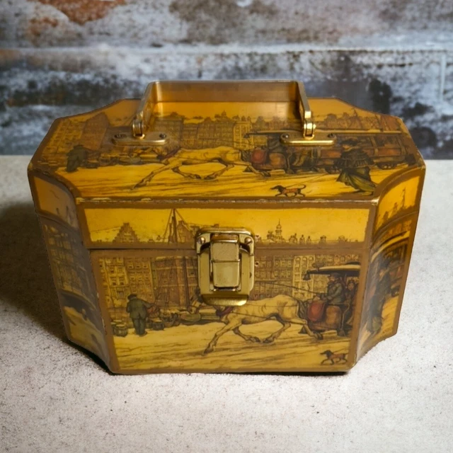Vintage Anton Pieck 70s Wooden Box Purse w/ Brass Handle Decoupage Mirror