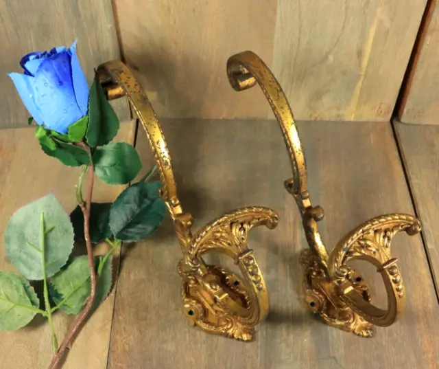 Antique French PAIR of Wall Coat Hat Hooks Gilt Bronze Brass Victorian Salvaged