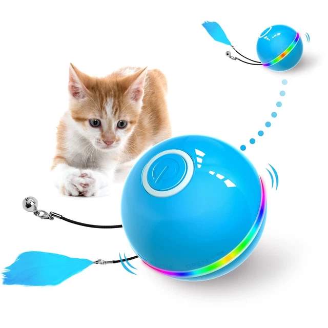 Interactive Cat Toy Ball with LED Light Ring Bell Feather Toy Auto Rotating Blue