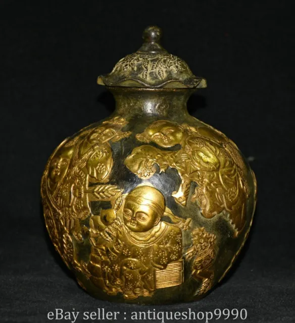 6.4" Xuande Marked Chinese Bronze Gilt Child Pattern Round Pot Jar Crock