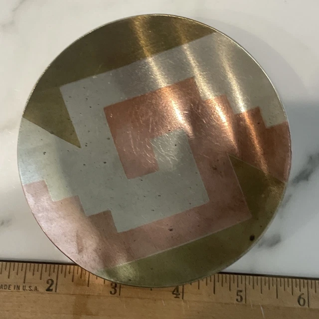 Vintage Geometric Sterling Silver Bronze Copper Mexican Deco Candy Bowl Dish