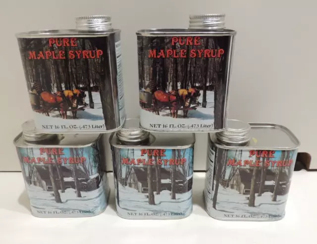 5 Pure Maple Syrup Tin Cans 16 Oz. Vermont Vintage Empty 1984 New England w/caps