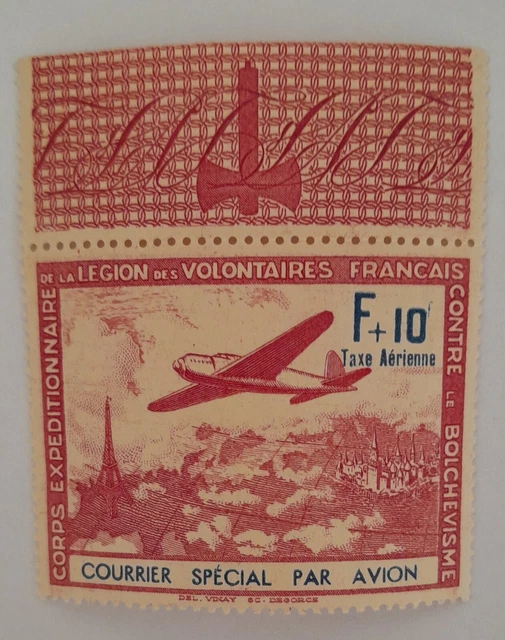 Timbre L V F neuf, 1941, avec vignette inversée. n ° 3. F + 10F Taxe aérienne