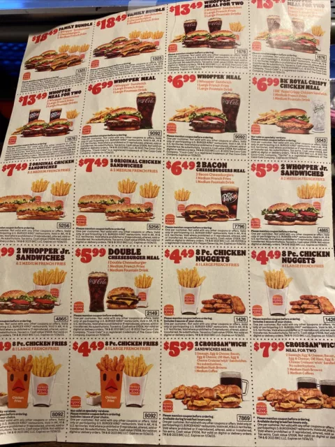 2 full sheets of Burger King coupons ex 11/26/23) No SHIPPING Fee