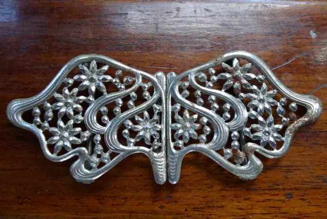 antique Victorian steel butterfly flower double dress belt buckle clasp -9