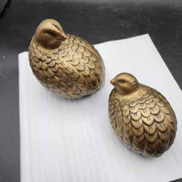 Vintage Ceramic Partridge Quail Gold-Bronze Figurines Pair - Marked LT 6-10-69