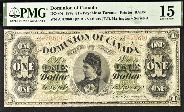 1878 $1 (One Dollar) DC-8f-i Dominion of Canada PMG 15 Fine Banknote