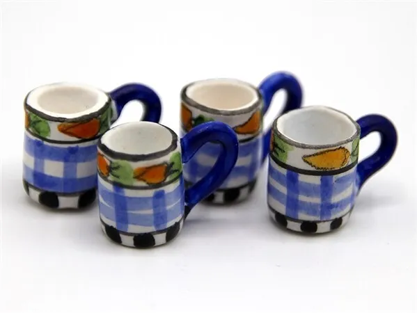 4 Mugs Blue Checked Kitchen Accessory Dolls House Miniature 1:12 Scale (GB)