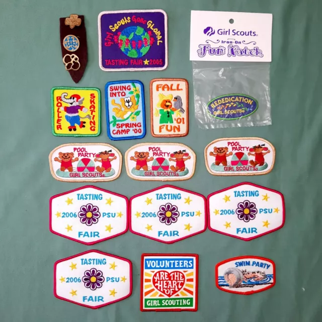 18 Girl Scouts Pins and Patches Lot Brownie Membership Trefoil Fun Embroidered