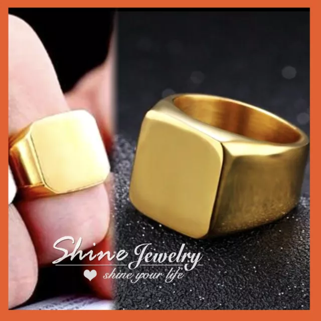 9K Gold Gf Mens Ladies Chunky Square Flat Top Biker Style Signet Wedding Ring