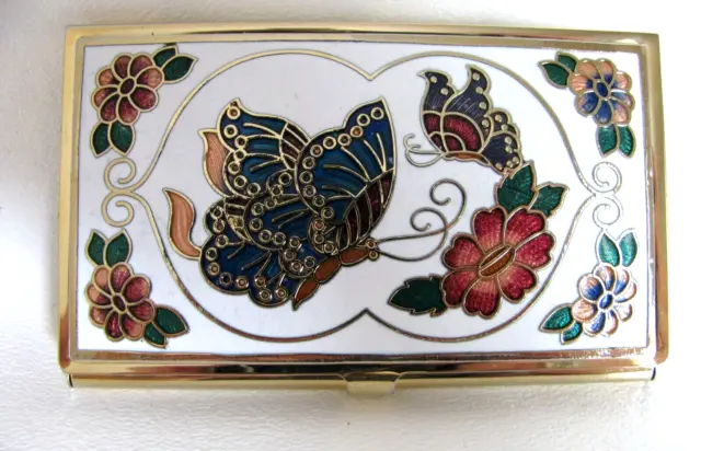 Business Card Holder Cloisonne Brass White Enamel Butterfly Floral Design