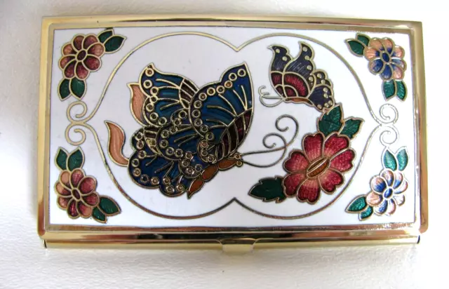 Business Card Holder Cloisonne Brass White Enamel Butterfly Floral Design