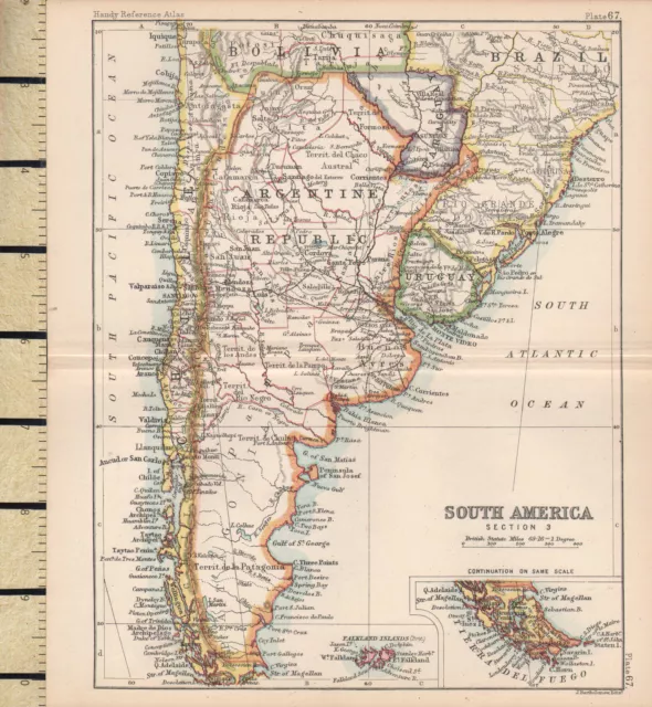 c1880 VICTORIAN MAP ~ SOUTHERN SOUTH AMERICA ~ FALKLAND ISLANDS ARGENTINE