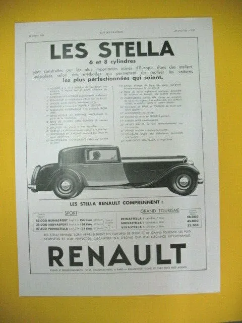 Publicite De Presse Renault Automobile Gamme Les Stella 6 Et 8 Cylindres 1933