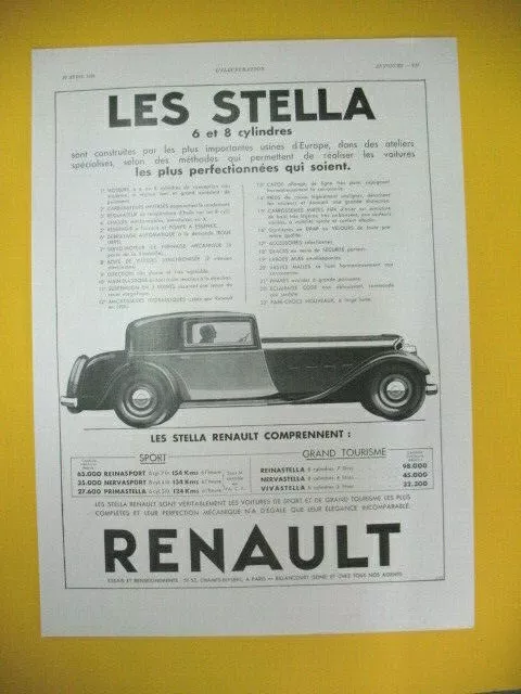 Publicite De Presse Renault Automobile Gamme Les Stella 6 Et 8 Cylindres 1933