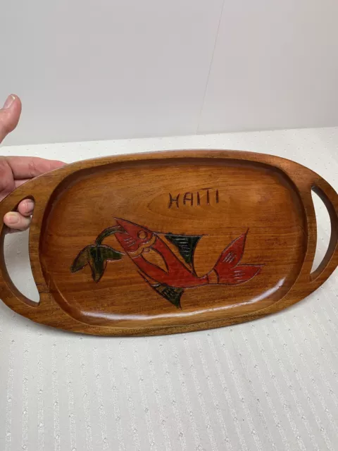 Vintage Wood Carved Mahogany Platter Fish Design Tribal Made In Haiti 15” x 7 “
