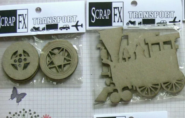 CHIPBOARD Die Cut TRAIN & 2 Carriages - 5x WHEELS 41mm 2 Style Choice Scrap FX B